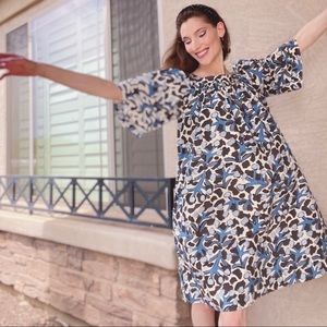 ANTHROPOLOGIE WHIT Mira Blue & Black Abstract Printed Babydoll Midi Smock Dress